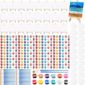 24 Set Mini Canvas Panels and Easel Painting Kit,48 Acrylic Paint Strips with 48 Brushes,24 Paint Palettes,Mini Watercolor Paint Set for Painting Crafts Birthday Party Favors (6" X 6")