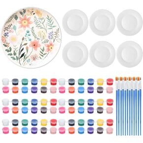 Marspark 6 Pcs 9 Inches Ceramic Painting Plate White Ceramic Plates with 6 Sets of 12 Colors Paint 6 Sets of 2 Brushes Porcelain Painting Craft Set for Family Gatherings Activities Art Supplies