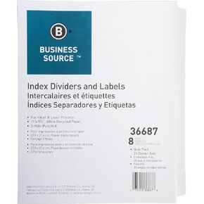 Business Source Index Dividers, 3HP, 8-Tab, 25 Set/Pack, 11"x8-1/2", White (36687)