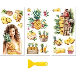 Peacoblue Rub on Transfer Decal Sticker for Furniture Craft Decor 6"x12" Pineapple and Milkshake, 3Pcs Waterproof UV DTF Transfer for Drawer Dresser Glass Porcelain Wood Plastic Window