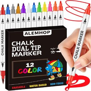 Liquid Chalk Markers Dual Tip - Wide Brush Tip & Fine Tip, 12 Colors Washable Car Chalk Window Markers Pen for Auto Glass Mirror Poster First Day of School Sign Board, Stocking Stuffer for Teens Kids