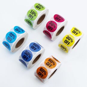 6 Rolls/3000 PCS Discount Stickers, Percent Discount from 10% to 60% Adhesive Percent Off Labels，﻿% Off Tags，1 Inch Round ractical Promotion Labels Sales Tags for Retail Store Supermarkets Shops
