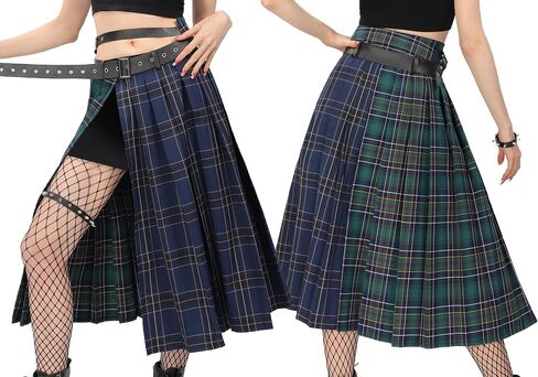 DAZCOS Plaid Slit Thigh Midi Skirt for Women US Size Low Waist Pleated Maxi Skirt with Belt in Saudi Arabia