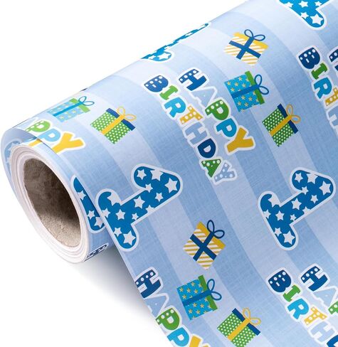 WRAPAHOLIC 1st Birthday Wrapping Paper - Mini Roll - 17 Inch X 33 Feet - Blue Happy Birthday with Gift Box Design for Boys Kids, Baby Shower, Party, Holiday in Kuwait
