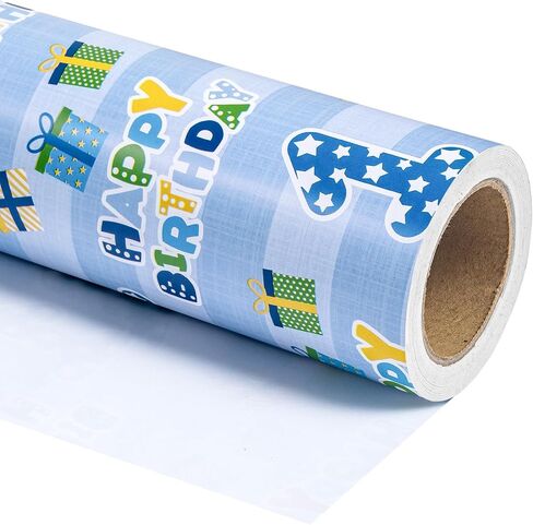 WRAPAHOLIC 1st Birthday Wrapping Paper - Mini Roll - 17 Inch X 33 Feet - Blue Happy Birthday with Gift Box Design for Boys Kids, Baby Shower, Party, Holiday in Kuwait