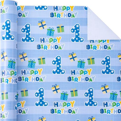 WRAPAHOLIC 1st Birthday Wrapping Paper - Mini Roll - 17 Inch X 33 Feet - Blue Happy Birthday with Gift Box Design for Boys Kids, Baby Shower, Party, Holiday in Kuwait