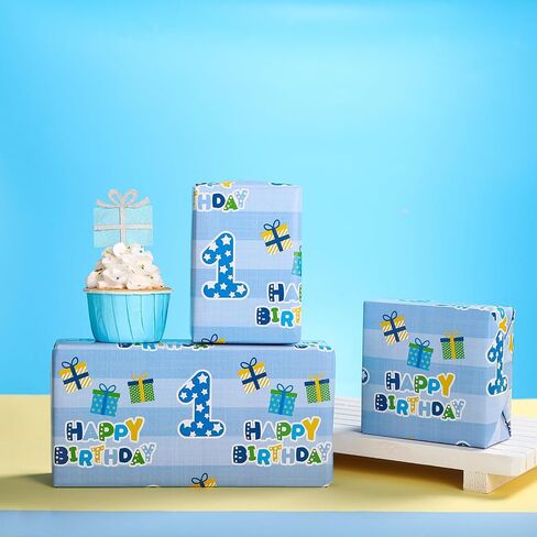 WRAPAHOLIC 1st Birthday Wrapping Paper - Mini Roll - 17 Inch X 33 Feet - Blue Happy Birthday with Gift Box Design for Boys Kids, Baby Shower, Party, Holiday in Kuwait