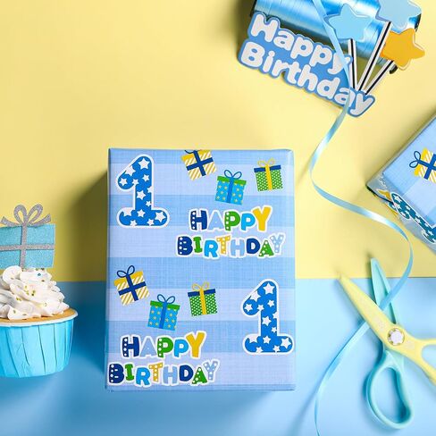 WRAPAHOLIC 1st Birthday Wrapping Paper - Mini Roll - 17 Inch X 33 Feet - Blue Happy Birthday with Gift Box Design for Boys Kids, Baby Shower, Party, Holiday in Kuwait