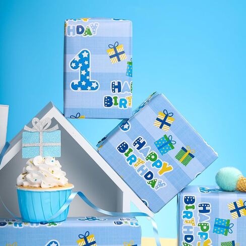 WRAPAHOLIC 1st Birthday Wrapping Paper - Mini Roll - 17 Inch X 33 Feet - Blue Happy Birthday with Gift Box Design for Boys Kids, Baby Shower, Party, Holiday in Kuwait