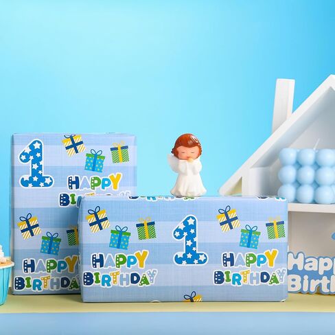 WRAPAHOLIC 1st Birthday Wrapping Paper - Mini Roll - 17 Inch X 33 Feet - Blue Happy Birthday with Gift Box Design for Boys Kids, Baby Shower, Party, Holiday in Kuwait