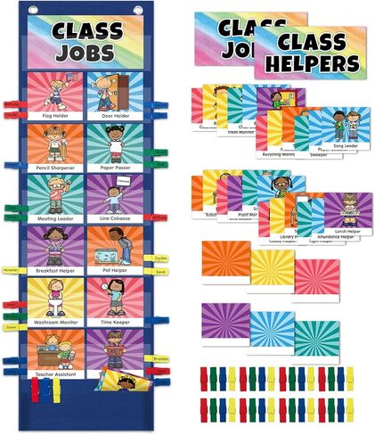 مخطط جيب الوظائف مع 47 بطاقة للفصول الدراسية ، مساعدون إدارة الفصل الدراسي الرسم البياني الأسود لمدرسة مرحلة ما قبل المدرسة الابتدائية ، يجب على المعلمين أن يحصلوا على اللوازم التعليمية للطلاب in Kuwait