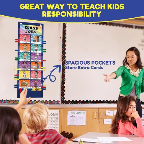 مخطط جيب الوظائف مع 47 بطاقة للفصول الدراسية ، مساعدون إدارة الفصل الدراسي الرسم البياني الأسود لمدرسة مرحلة ما قبل المدرسة الابتدائية ، يجب على المعلمين أن يحصلوا على اللوازم التعليمية للطلاب in Kuwait