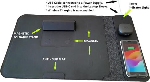4 in 1 Laptop Sleeve with Wireless Charging 13"-17" Slim-Flexible Case, Mousepad, Surface Mat. Charge 2 Devices at Once USB-C Port, Compatible with MacBook air, Earbuds/iPhone/Android (032) in Saudi Arabia