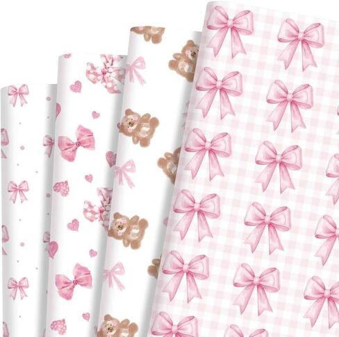 Sanixin 12 Sheets 28 * 20 Inches Pink Bow Wrapping Paper Cute Bear Coquette Bow Love Heart Plaid Patterned Gift Wrap Paper for Birthday Bachelorette Baby Shower Bridal Party DIY Craft (Pink) in Saudi Arabia