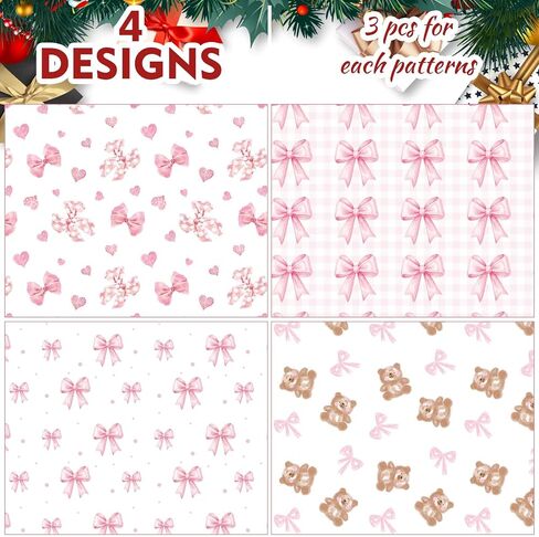 Sanixin 12 Sheets 28 * 20 Inches Pink Bow Wrapping Paper Cute Bear Coquette Bow Love Heart Plaid Patterned Gift Wrap Paper for Birthday Bachelorette Baby Shower Bridal Party DIY Craft (Pink) in Saudi Arabia