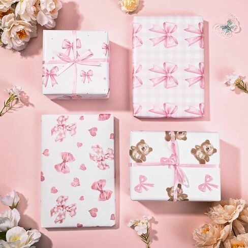 Sanixin 12 Sheets 28 * 20 Inches Pink Bow Wrapping Paper Cute Bear Coquette Bow Love Heart Plaid Patterned Gift Wrap Paper for Birthday Bachelorette Baby Shower Bridal Party DIY Craft (Pink) in Saudi Arabia