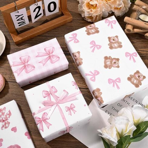 Sanixin 12 Sheets 28 * 20 Inches Pink Bow Wrapping Paper Cute Bear Coquette Bow Love Heart Plaid Patterned Gift Wrap Paper for Birthday Bachelorette Baby Shower Bridal Party DIY Craft (Pink) in Saudi Arabia