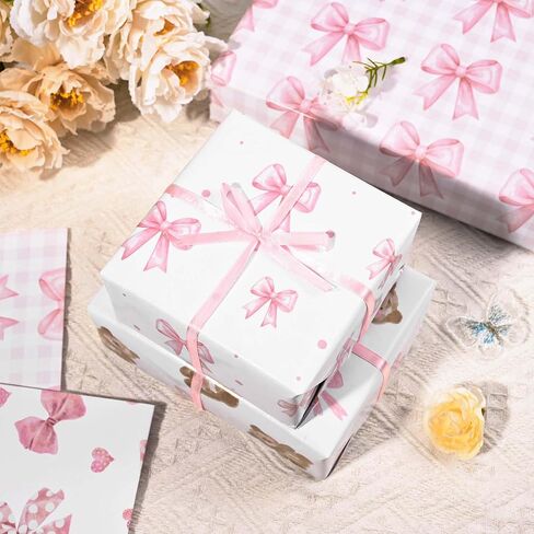 Sanixin 12 Sheets 28 * 20 Inches Pink Bow Wrapping Paper Cute Bear Coquette Bow Love Heart Plaid Patterned Gift Wrap Paper for Birthday Bachelorette Baby Shower Bridal Party DIY Craft (Pink) in Saudi Arabia