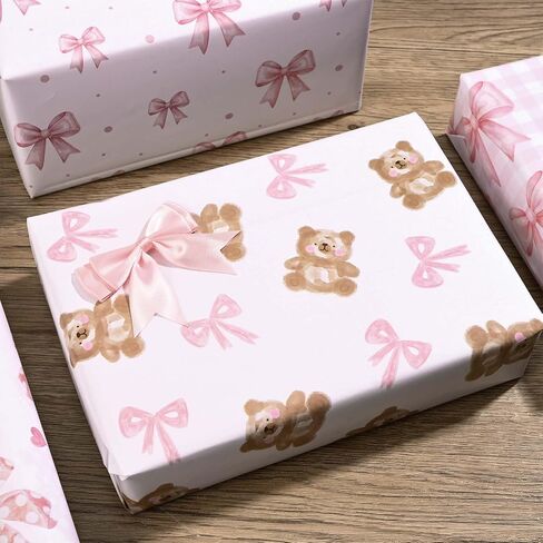 Sanixin 12 Sheets 28 * 20 Inches Pink Bow Wrapping Paper Cute Bear Coquette Bow Love Heart Plaid Patterned Gift Wrap Paper for Birthday Bachelorette Baby Shower Bridal Party DIY Craft (Pink) in Saudi Arabia