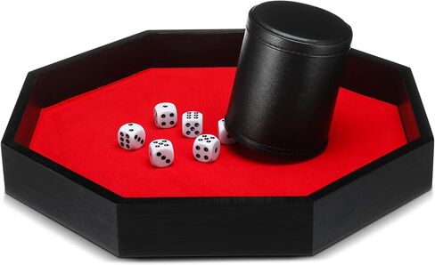 Octagon Tray Dice Cup Set Include Wooden Dice Tray Felt Lined PU Leather Dices Cup with 6 Dot Dices for Table Games(Coffee) in Saudi Arabia