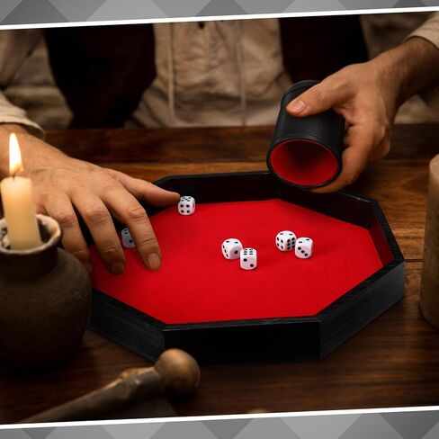 Octagon Tray Dice Cup Set Include Wooden Dice Tray Felt Lined PU Leather Dices Cup with 6 Dot Dices for Table Games(Coffee) in Saudi Arabia