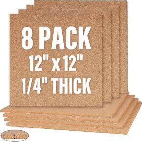 HOMOKUS Cork Board Squares, 8 Pack 12" x 12" - 1/4" Thick Peel and Stick Cork Board, Premium Natural Square Cork Board Bulletin Board, 8 Pack Self-Adhesive Cork Panels for Wall in School Office