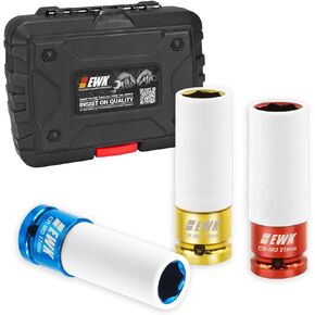 EWK 5 Pcs 1/2" Drive 17 19 21mm 7/8" 13/16" Lug Nut Impact Socket Set, Non-Marring Thin Wall Wheel Rim Protector Sockets, CR-MO, Mertic, SAE