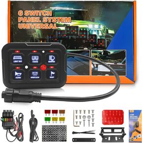 6 Gang Switch Panel BC60 with Automatic Dimmable On-Off, LED Car Switch Kit Auxillary Toogle, Universal Circuit Control Relay System, for Car, Pickup, Off Road SUV, UTV, ATV, Boat, Blue Panel