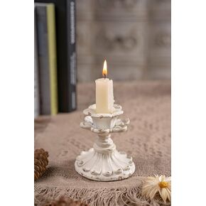 White Candle Stick Holder Vintage, Flower Candlestick Holder, 3 Inch Resin Taper Candle Holder Small, Short Rustic Candle Centerpieces for Tables, Wedding, Dining, Party