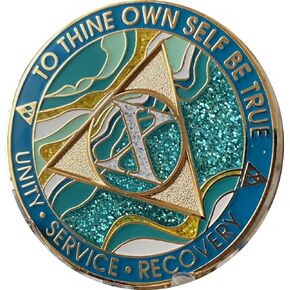 10 Year AA Medallion Elegant Marble Caribbean Aqua Glitter Blue Gold Plated Chip