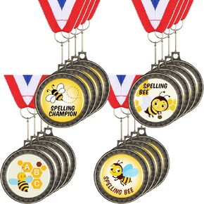 8 Pcs Spelling Bee Award Medals with Neck Ribbon 2 Inch Metal Spelling Bee Honeycomb Medals for Awards Bulk Winner Medals for Adults Competitions Party Supplies