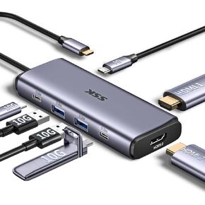 SSK Powered USB 3.2 Hub 𝟭𝟬𝗚𝗕𝗣𝗦 7 in 1 USB C Adapter with Dual 𝟰𝗞 HDMI,2 USB A&2 USB C 3.2 Gen 2 Data Ports Hub,100W PD Charging USB hub for iPad,MacBook Pro/Air,Flash Drive,iPhone 15,Laptops