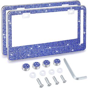 Bling License Plate Frames 2 Pack, Gioyonil Glitter Sparky Rhinestone License Plate Covers Premium Stainless Steel Car Crystal Plate Holders, Personalized Women Girl Gift Ideas (Blue)