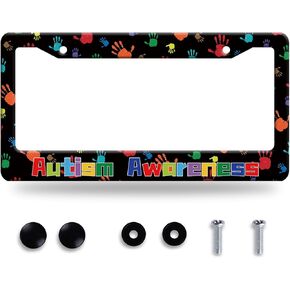 Autism Awareness License Plate Frame Colorful Handprint License Plate Frames Stainless Steel Accessories Cars Decor with 2 Holes and Screws Fits Standard US CA Vehicles Size 12.2 x 6 Inches