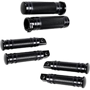 Black CNC Front & Rear Footpegs + 1" Handlebar Hand Grips Compatible with Harley Touring Softail Dyna Sportster XL XR Male Mount