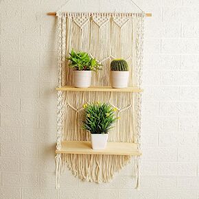 Macrame Wall Hanging Shelf - Boho Indoor Hanging Shelves for Wall - Decorative Bohemian Floating Plants Room Storage Shelving Macrame Rope Decor Organizer Rack, 2 Tier Indoor Handmade Plant Shelves
