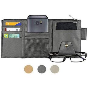 Car Sun Visor Organizer, Auto Interior Accessories Sunglass Pen CD Card Slots Small Document Pouch, PU Leather, Multi-Pocket With Zipper Beige