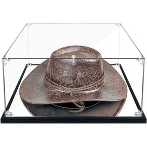 Clear Cowboy Hat Display Case Box Acrylic Panama & Tweed Hat Holder Stand with Mirror & Carbon Fiber Skin Base, Assemble Acrylic Box Shoes Sneakers UV Protection Memorabilia Collectibles Showcase