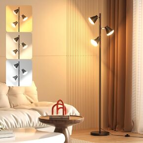 36W Integrated LED Tree Floor Lamp, Rotatable Modern 3 Light Standing Lamp with Foot Switch, Bright Reading Tall Lamp with 3 Color Temperatures, Black Stand up Lamp for Living Room, Bedroom, Office