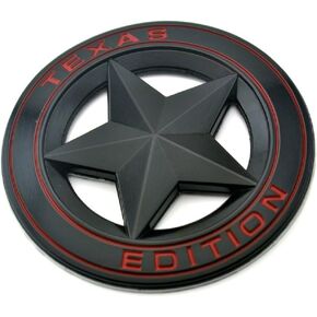 Texas Edition Star BLACK and Red Round 3" Shield Emblem Universal Stick On FITS Tundra, Tacoma, F150, Silverado, Titan, Hood, Door, Tailgate, Grille, Fender, etc
