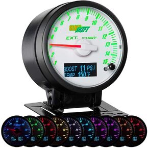 GlowShift 3in1 Analog 1500 F Pyrometer EGT Gauge Kit with Digital 60 PSI Boost & 300 F Temperature Readings - 10 Selectable LED Colors - White Dial & Needle Cap - Clear Lens - 2-3/8" 60mm