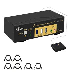 CKLau MST KVM Switch Displayport 2 Computers 4 Monitors Switcher (2 DP in 4 DP Out) 4K60Hz 2K144Hz with Cables, Audio, Microphone and USB 3.0 Hub Supports Keyboard Mouse Switching