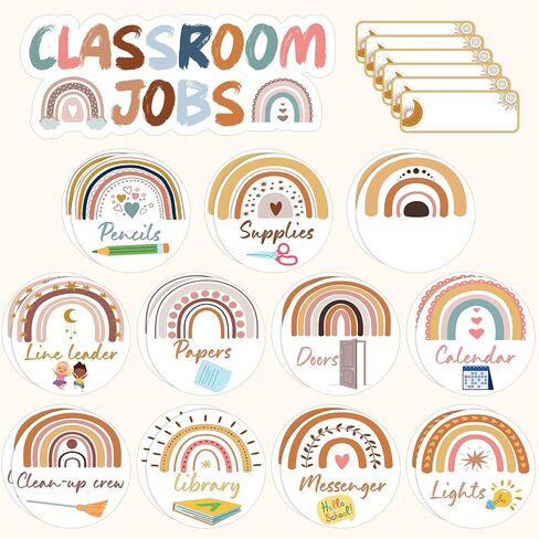 81 Pcs Class Jobs Boho Bulletin Board Decor Set Rainbow Bulletin Board Cutouts with 200 Pcs Glue Points Chalkboard Decor for Back to School Party Student Teacher Birthday (Assorted Sizes) in Saudi Arabia