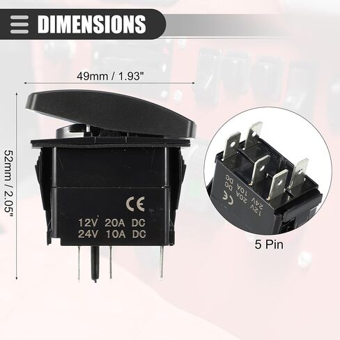 Motoforti Universal Rocker Switch 5 Pin لحظة تبديل الروك ON-Off Switch 20A / 12V 10A / 24V، مقاوم للماء لقارب السيارة، بلاستيك، إضاءة LED حمراء، مجموعة واحدة in Saudi Arabia