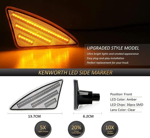 D-Lumina LED Side Marker Lights Clear Lens Compatible with 2008-2021 Kenworth T660 T170 T270 T370, 3 Rows Amber Front Fender Side Light, Truck Turn Signal Light Replacement Assembly, Pack of 2 in Saudi Arabia