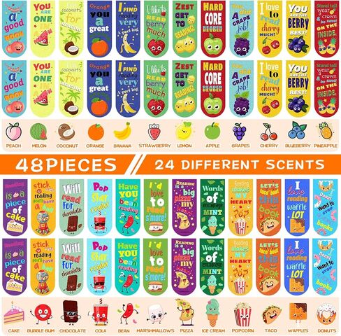 48 Pack Scented Bookmarks Magnetic Scratch and Sniff Bookmarks Fruit Food Bookmarks for Kids Cute Bookmarks with Sayings Christmas Bookmarks for Kids Students Teens Teachers (Food Flavor) in Kuwait