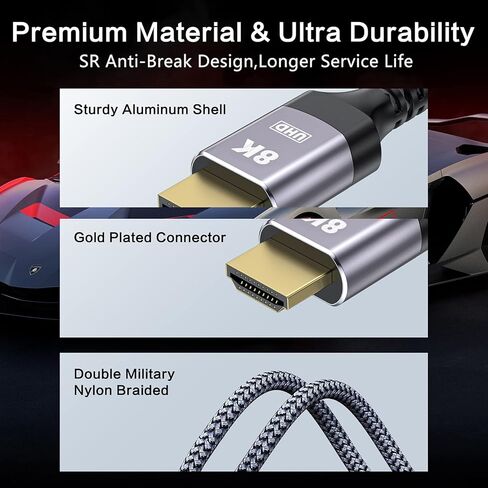 8K @ 60 هرتز HDMI إلى HDMI 2.1 كابل 10FT، 48 جيجابت في الثانية 4K @ 120 هرتز سلك HDMI فائق السرعة 28AWG يدعم HDR 3D، HDCP2.3، eARC، DTS لـ Roku Fire TV/Samsung، Vizio، LG PS5/HDTV/Bose Soundbar Steam Deck بلو راي in Kuwait