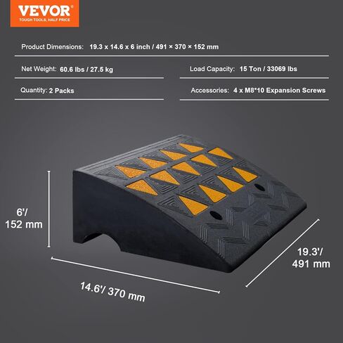 vevor المطاط كبح المنحدر 2 حزمة، 6 "ارتفاع الارتفاع الثقيلة 33069 رطل / 15 طن عتبة عتبة القدرة، سلالم الممر مع هيكل شبكة مستقرة للسيارات والكراسي المتحركة والدراجات والدراجات النارية in Saudi Arabia