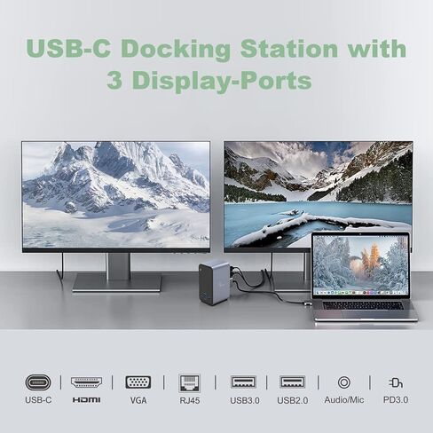 محطة إرساء الكمبيوتر المحمول بشاشة مزدوجة لجهاز MacBook Pro/Air، محطة إرساء USB C مزدوجة العرض 13 في 2 لأجهزة Mac، مع 2 منافذ HDMI 4K، USB 3.0، VGA، PD 3.0، RJ45 Ethernet، توصيل وتشغيل ميكروفون صوتي 3.5 مم in Kuwait