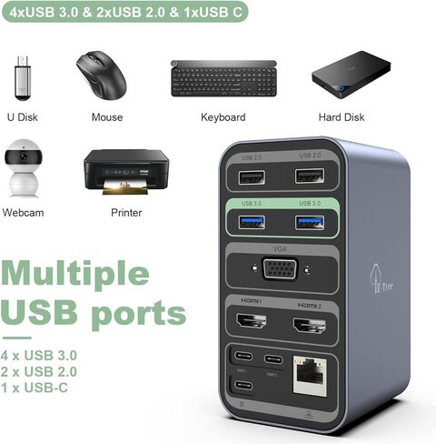 محطة إرساء الكمبيوتر المحمول بشاشة مزدوجة لجهاز MacBook Pro/Air، محطة إرساء USB C مزدوجة العرض 13 في 2 لأجهزة Mac، مع 2 منافذ HDMI 4K، USB 3.0، VGA، PD 3.0، RJ45 Ethernet، توصيل وتشغيل ميكروفون صوتي 3.5 مم in Kuwait